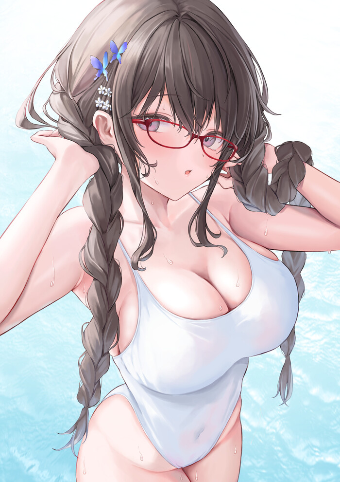 cutie with glasses - NSFW, Art, Anime, Anime art, Hand-drawn erotica, Original character, Megane, Swimsuit, Underwear, Longpost, Erotic, Glasses, Huziko32