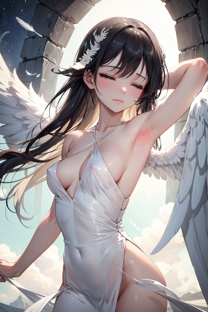 When you leave paradise, don't forget to close your eyes! - NSFW, My, Neural network art, Stable diffusion, Anime art, Portrait, Hand-drawn erotica, Nipples, Armpits, Fetishism, Wings, Angel, Feathers
