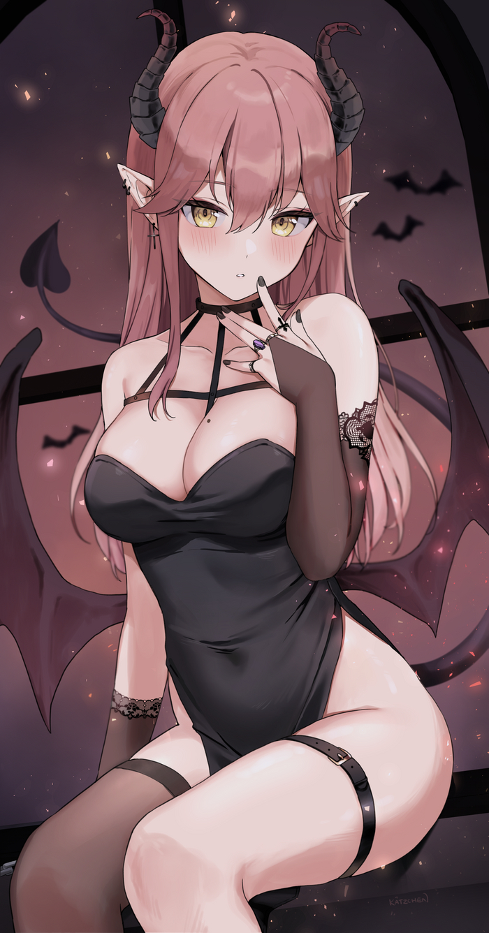 Liliya - NSFW, Succubus, Erotic, Hand-drawn erotica, Girls, Anime, Art, Tail, Girl with Horns, Halloween, Boobs, Kaetzchen, Anime art