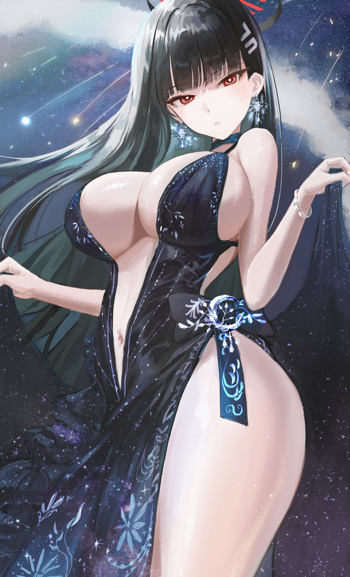 Tsukatsuki Rio - NSFW, Erotic, Art, Tsukatsuki Rio, Blue archive, Girls, The dress, No bra, No panties, Hand-drawn erotica, Game art, Anime art, Boobs