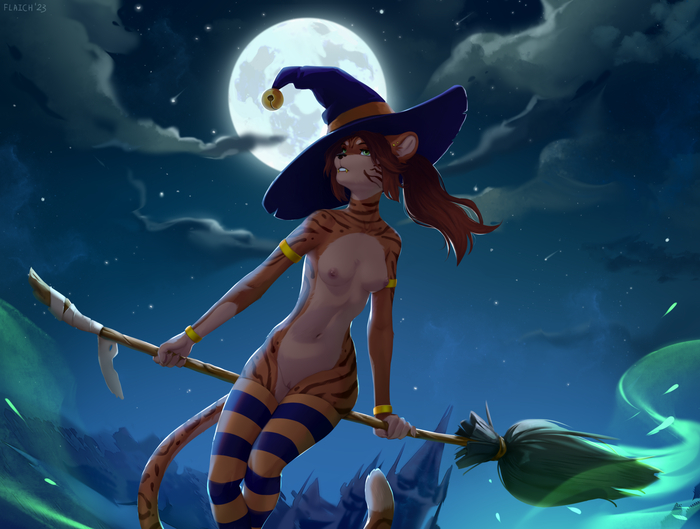 Night flight on a broom - NSFW, Furry, Anthro, Art, Furotica, Furry feline, Flaich