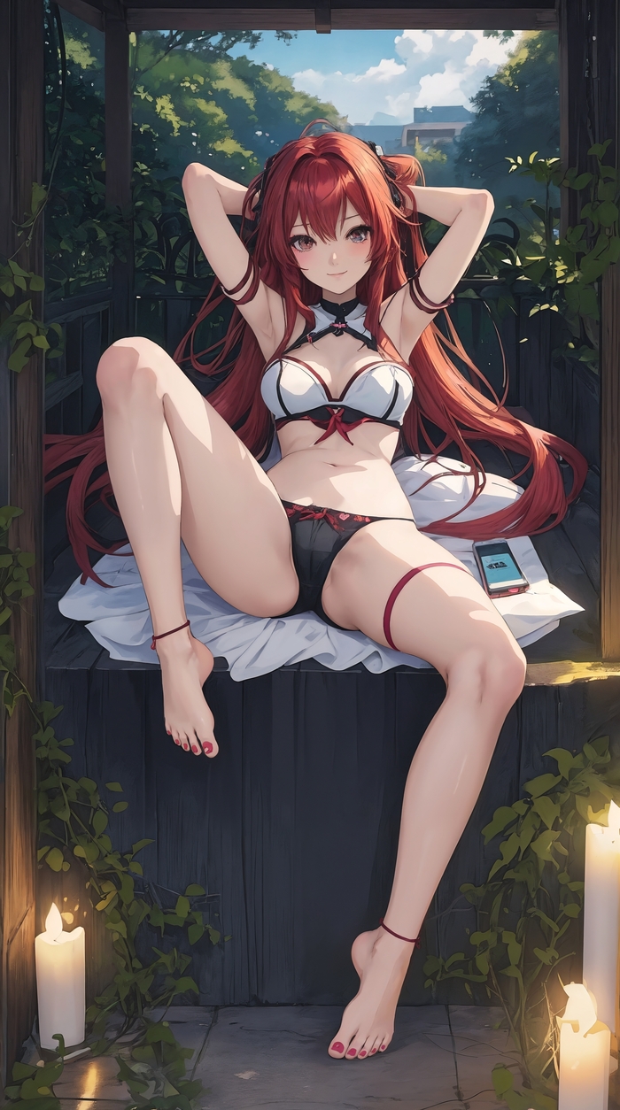 Good morning - NSFW, My, Anime, Anime art, Neural network art, Art, Girls, Redheads, Legs, Foot fetish, Pantsu, Underwear, Phone wallpaper