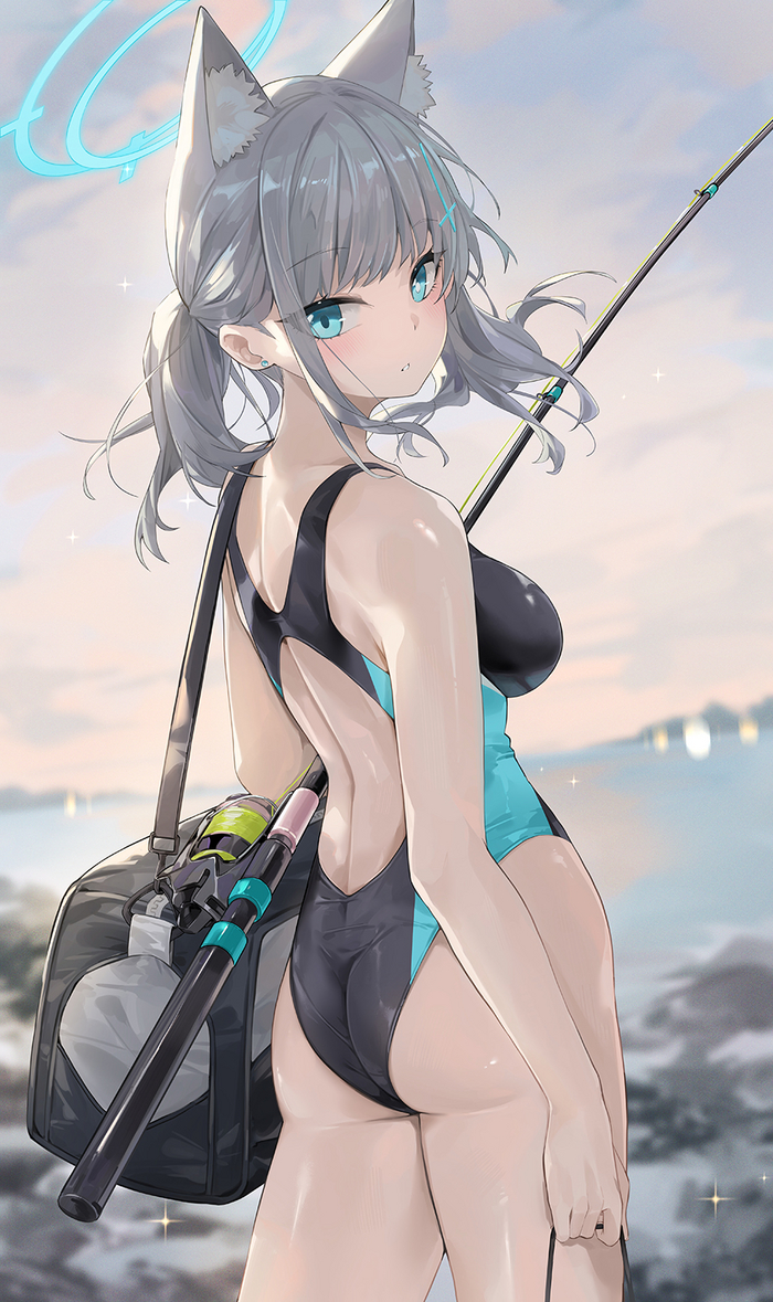 Sunaookami Shiroko - NSFW, Anime, Anime art, Art, Girls, Sunaookami shiroko, Games, Animal ears, Swimsuit, Booty, Twitter (link), Blue archive