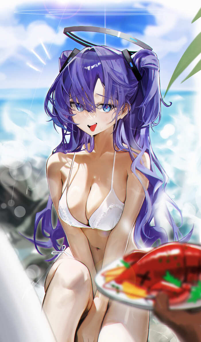 What are you up to when you feed her lobster? - NSFW, Anime, Boobs, Blue archive, Anime art, Hayase Yuuka, Swimsuit