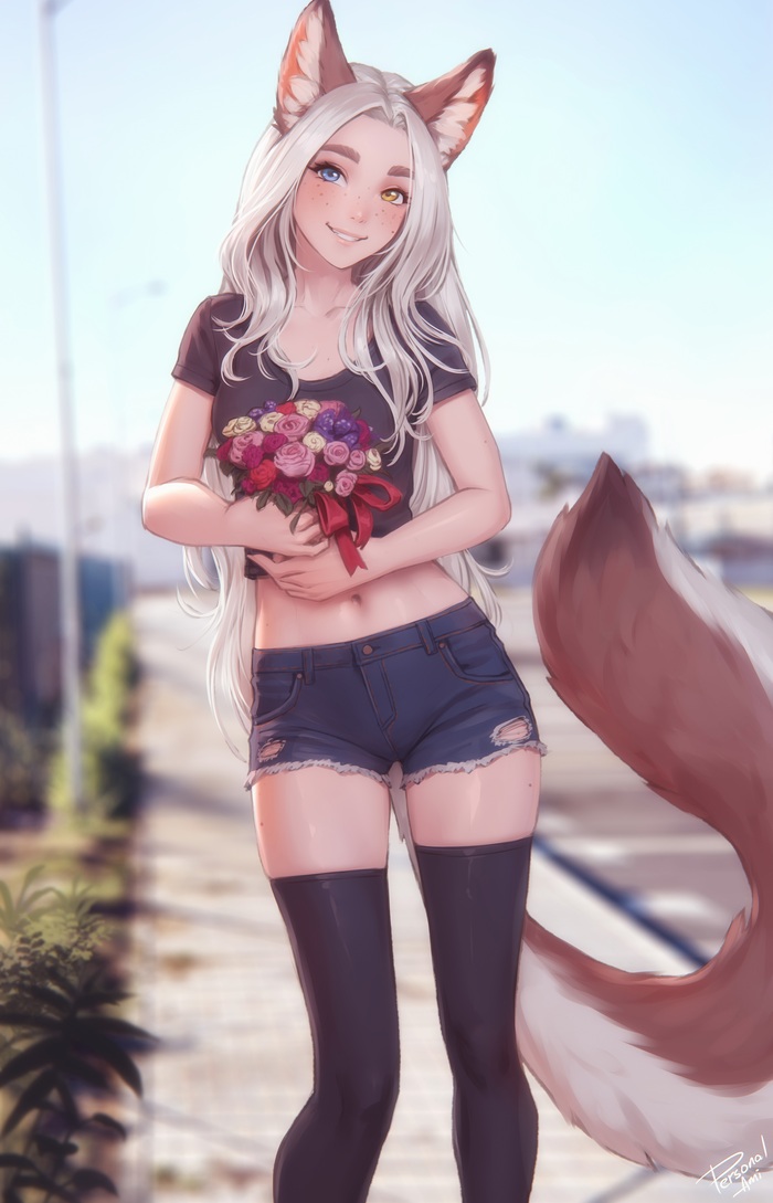 Losse - NSFW, Art, Drawing, Original character, Kitsune, Girls, Hand-drawn erotica, Stockings, Boobs, Pubis, Pubes, Labia, Heterochromia, Animal ears, Tail, Personalami, Longpost, Erotic