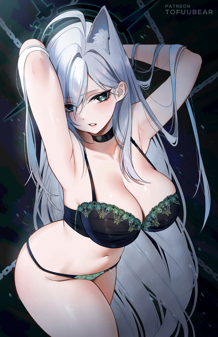 Shiroko Terror - NSFW, Аниме, Anime Art, Арт, Девушки, Sunaookami Shiroko, Blue archive, Animal Ears, Рисованная эротика, Сиськи, Tofuubear, Twitter (ссылка), Нижнее белье, Shiroko Terror