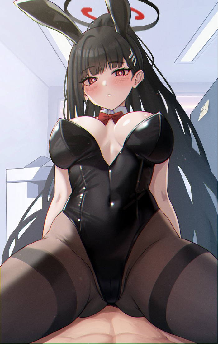 Bunny Rio - NSFW, Anime, Anime art, Blue archive, Tsukatsuki Rio, Bunny ears, Tights, Red eyes, Bunnysuit