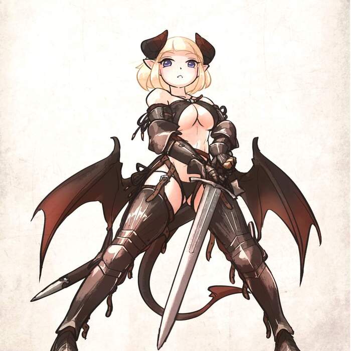 Wedge, a mercenary succubus who wields a longsword - NSFW, Vanishlily, Art, Anime, Anime art, Girl with Horns, Succubus, Twitter (link), Hand-drawn erotica