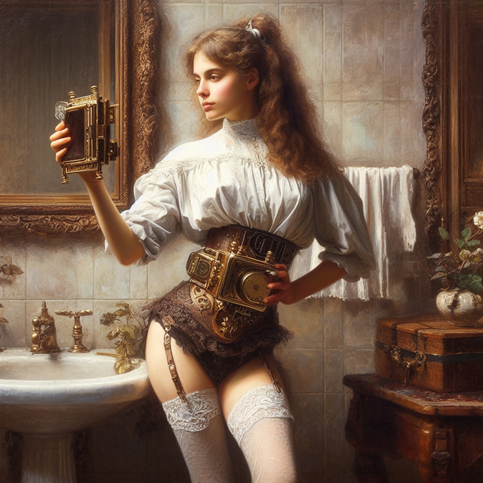 Victorian Selfie - NSFW, My, Neural network art, Нейронные сети, Art, Erotic, Selfie, Stockings, Victorian era, Oil painting, Steampunk, Dall-e, Longpost, Girls