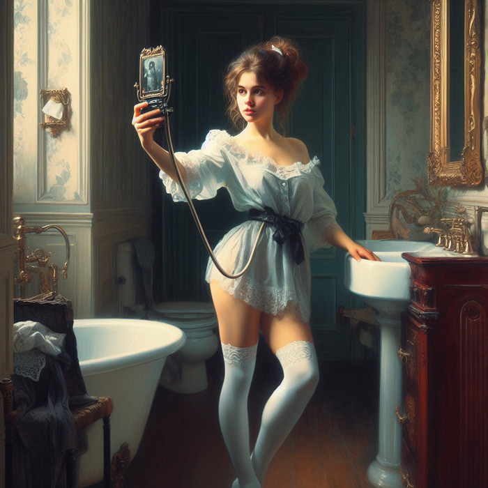 Victorian Selfie - NSFW, My, Neural network art, Нейронные сети, Art, Erotic, Selfie, Stockings, Victorian era, Oil painting, Steampunk, Dall-e, Longpost, Girls