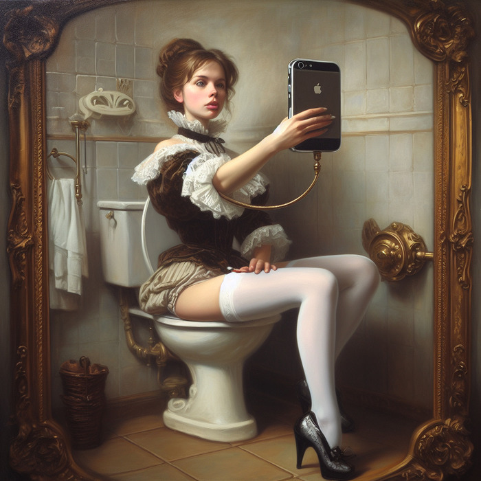 Victorian Selfie - NSFW, My, Neural network art, Нейронные сети, Art, Erotic, Selfie, Stockings, Victorian era, Oil painting, Steampunk, Dall-e, Longpost, Girls
