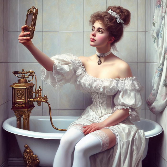 Victorian Selfie - NSFW, My, Neural network art, Нейронные сети, Art, Erotic, Selfie, Stockings, Victorian era, Oil painting, Steampunk, Dall-e, Longpost, Girls