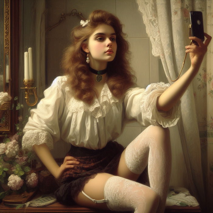 Victorian Selfie - NSFW, My, Neural network art, Нейронные сети, Art, Erotic, Selfie, Stockings, Victorian era, Oil painting, Steampunk, Dall-e, Longpost, Girls