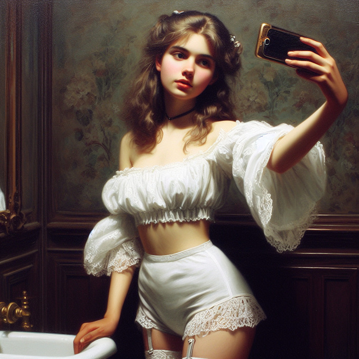 Victorian Selfie - NSFW, My, Neural network art, Нейронные сети, Art, Erotic, Selfie, Underwear, Stockings, Victorian era, Oil painting, Dall-e, Longpost, Girls