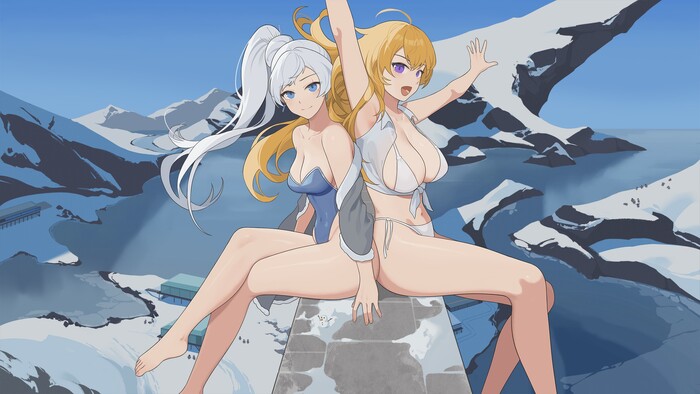 Интересные виды - NSFW, Аниме, Сиськи, Anime Art, Купальник, RWBY, Yang Xiao Long, Weiss Schnee, Бедра