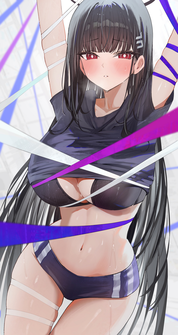 sport - is life - NSFW, Anime, Anime art, Boobs, Tsukatsuki Rio, Bra, Navel, Stomach, Red eyes, Blue archive