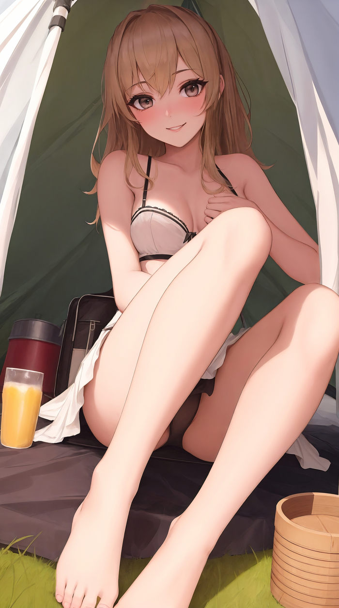 Camping - NSFW, My, Anime, Anime art, Art, Stable diffusion, Girls, Phone wallpaper, Blonde, Pantsu, Legs, Neural network art