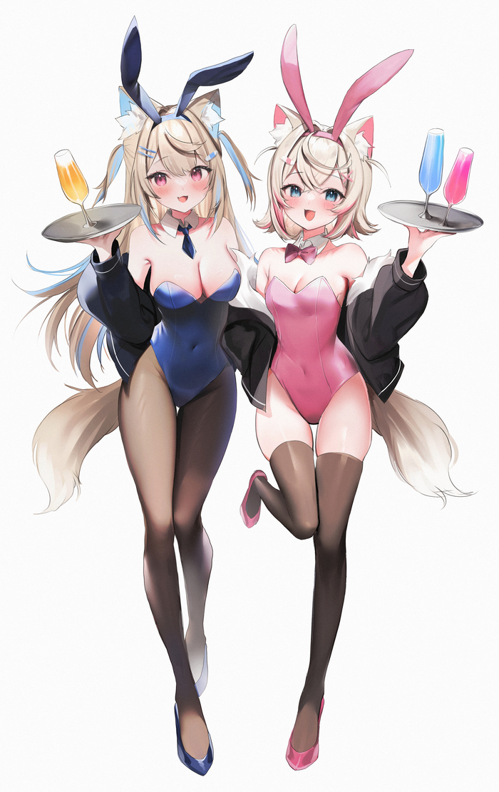 Bunnies - NSFW, Anime, Anime art, Art, Hololive, Fuwawa Abyssgard, Mococo Abyssgard, Bunnysuit, Stockings, Animal ears, Virtual youtuber