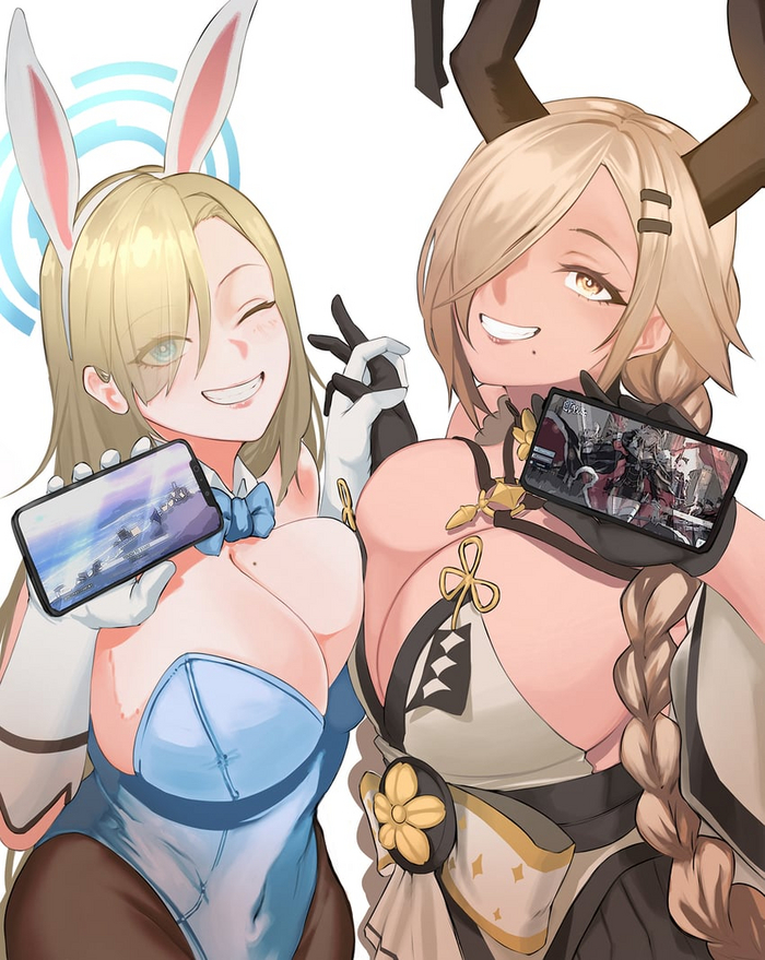 2 Horneys looking at the third - NSFW, Anime, Anime art, Blue archive, Ichinose asuna, Owari, Bunnysuit, Bunny ears, Girl with Horns, Crossover, Azur lane