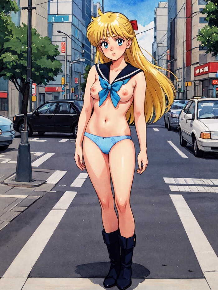 Sailor Venus Lightweight Suit - NSFW, My, Erotic, Anime, Anime art, Sailor Venus, Neural network art, Stable diffusion, Hand-drawn erotica, Exhibitionism, Topless, Blonde hair, Нейронные сети, Phone wallpaper, Nudity, Boots, Naked