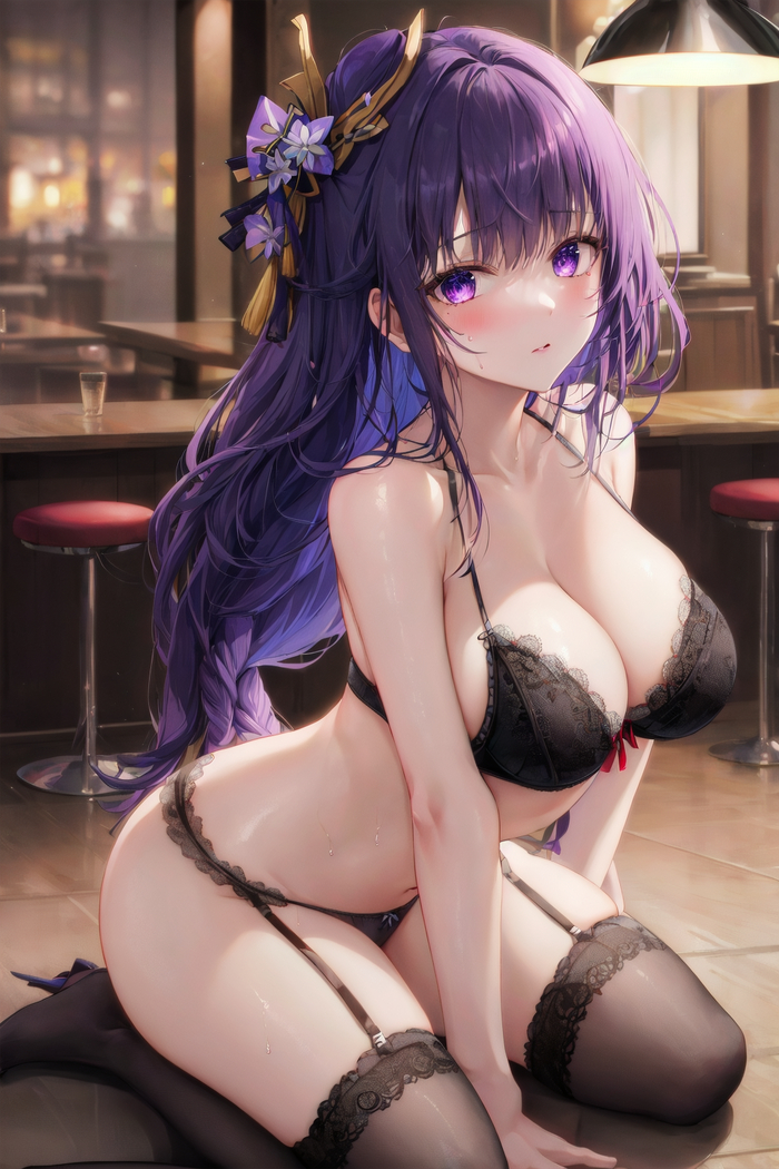 Hey - NSFW, Anime art, Anime, Stomach, Navel, Raiden Shogun (Genshin Impact), Underwear, Neural network art, Stockings, Genshin impact