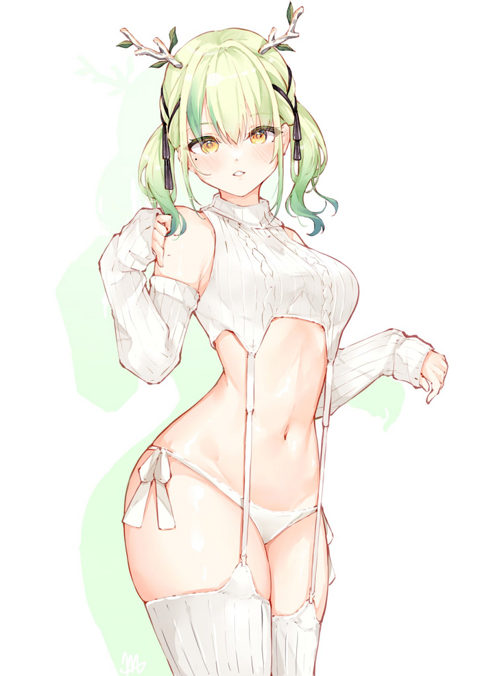 Fauna - NSFW, Anime, Anime art, Art, Girls, Ceres fauna, Hololive, Virtual youtuber, Pullover, Hand-drawn erotica, Twitter (link), Pantsu, Stockings