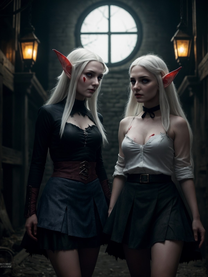 Elves - NSFW, My, Elves, Boobs, Naked, Nudity, Нейронные сети, White hair, Night, Longpost