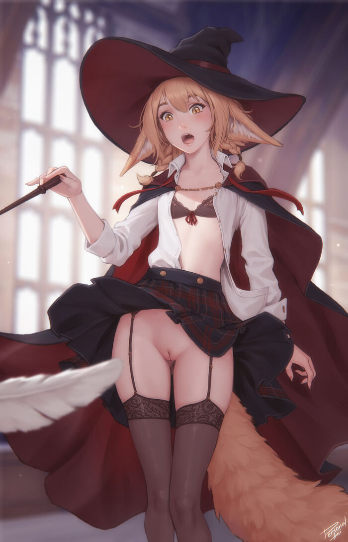 Witch academy Khiara - NSFW, Art, Drawing, Original character, Kitsune, Girls, Erotic, Hand-drawn erotica, Underwear, Stockings, Boobs, Without underwear, Pubis, Pubes, Labia, Magic wand, Animal ears, Tail, Personalami, Longpost