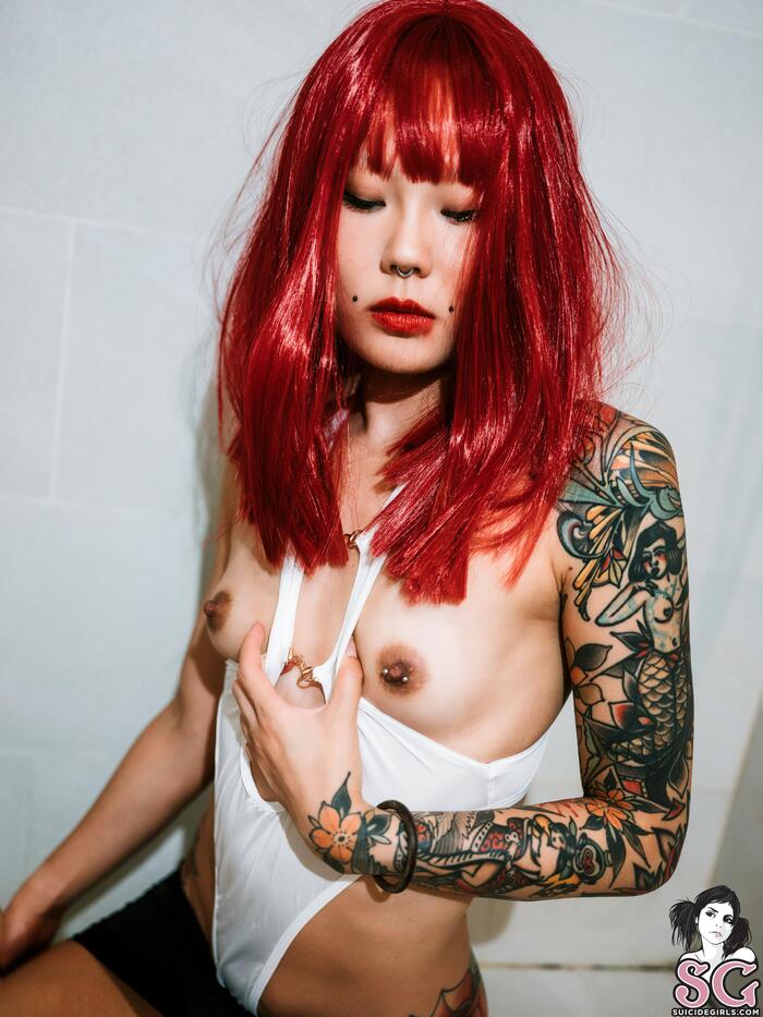 Jojokat - Drenched in Delirium - NSFW, Girls, Erotic, Boobs, Booty, Without underwear, Hips, Wet, No bra, Strip, Shower, Girl with tattoo, Wet T-shirt, Colorful hair, Microdermal, Piercing, Suicide girls, Longpost, Telegram (link), VKontakte (link), Wet