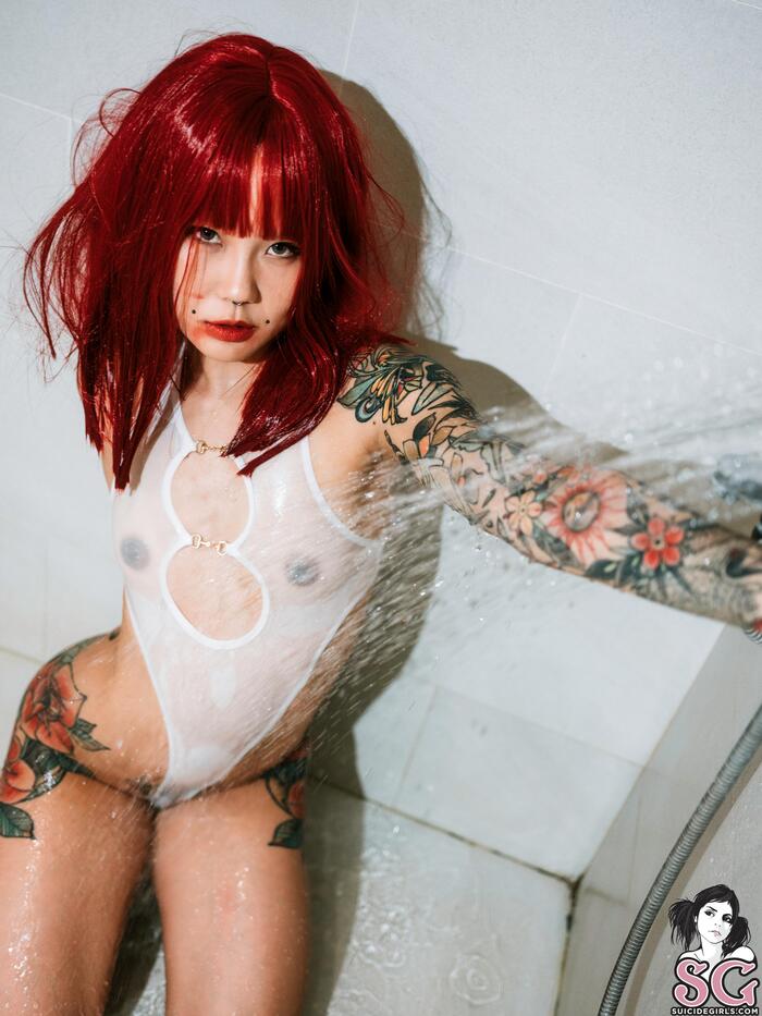 Jojokat - Drenched in Delirium - NSFW, Girls, Erotic, Boobs, Booty, Without underwear, Hips, Wet, No bra, Strip, Shower, Girl with tattoo, Wet T-shirt, Colorful hair, Microdermal, Piercing, Suicide girls, Longpost, Telegram (link), VKontakte (link), Wet