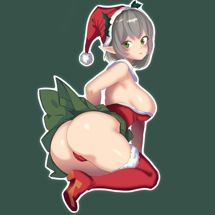 #9 Elfy - NSFW, My, Erotic, Art, Boobs, Nudity, Tights, Elves, New Year, Christmas, Role-playing games, New Year costume, Stockings, Mini skirt, Booty, On the knees, Anime, Manga, Cameltoe, Posing, Naked