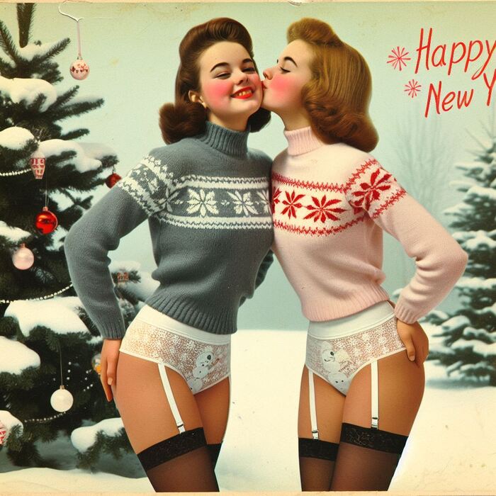 Vintage New Year's Eve - NSFW, My, Neural network art, Нейронные сети, Art, Girls, Erotic, Underwear, Stockings, Pullover, New Year, Christmas tree, Postcard, Retro, Longpost, Booty
