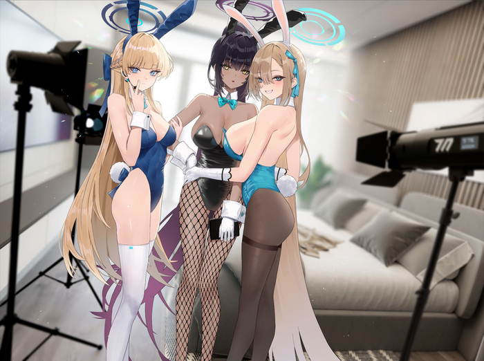 Apparently they will stream now - NSFW, Anime, Anime art, Blue archive, Asuma Toki, Kakudate karin, Ichinose asuna, Bunnysuit, Bunny ears, Bunny tail, Tights, Booty