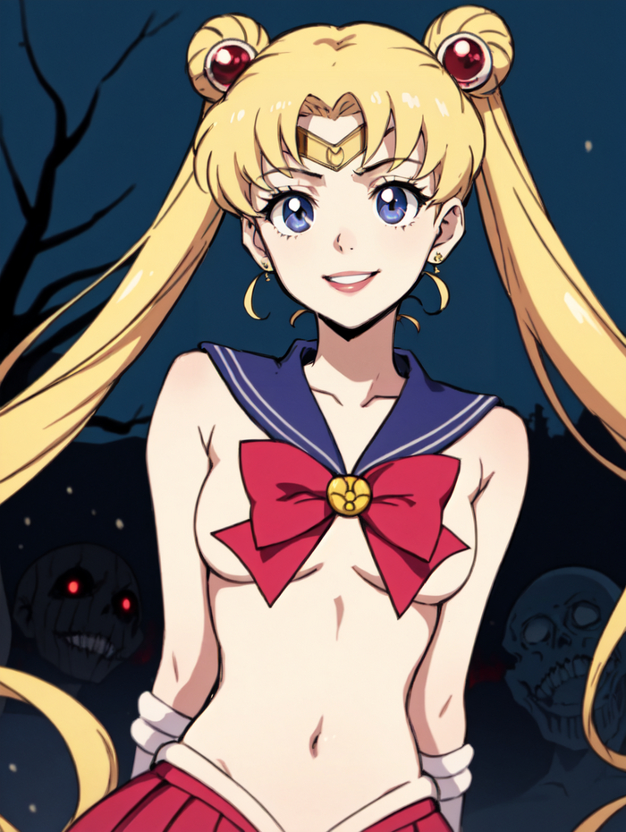 Usagi's Halloween costume - NSFW, My, Sailor Moon, Tsukino Usagi, Erotic, Anime art, Anime, Neural network art, Stable diffusion, Нейронные сети, Hand-drawn erotica, Sailor fuku, Horror, Boobs, Topless, Blonde, Zombie, Blue eyes, Naked, Longpost