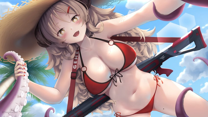 Tentacle! Now let's do hentai! - NSFW, Anime, Anime art, Blue archive, Shishidou Izumi, Swimsuit, Girl with Horns, Tentacles