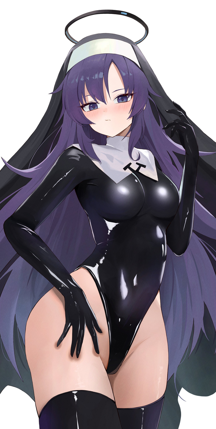 Gentlemen, I seem to believe - NSFW, Anime, Anime art, Blue archive, Hayase Yuuka, Nun, Stockings, Latex