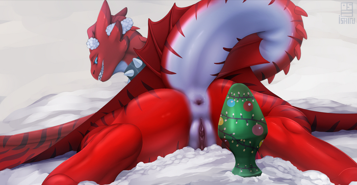 Removing the Christmas tree - NSFW, Art, The Dragon, Furotica, Furotica female, Labia, Butt plug, Digital drawing, Winter, Presents, Night fury, Ishiru