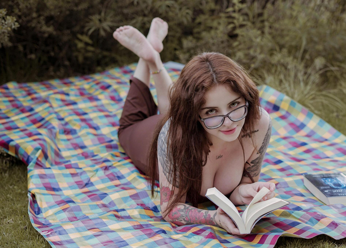 girl with a book - NSFW, Girls, Erotic, Boobs, Naked, Girl in glasses, Girl with tattoo