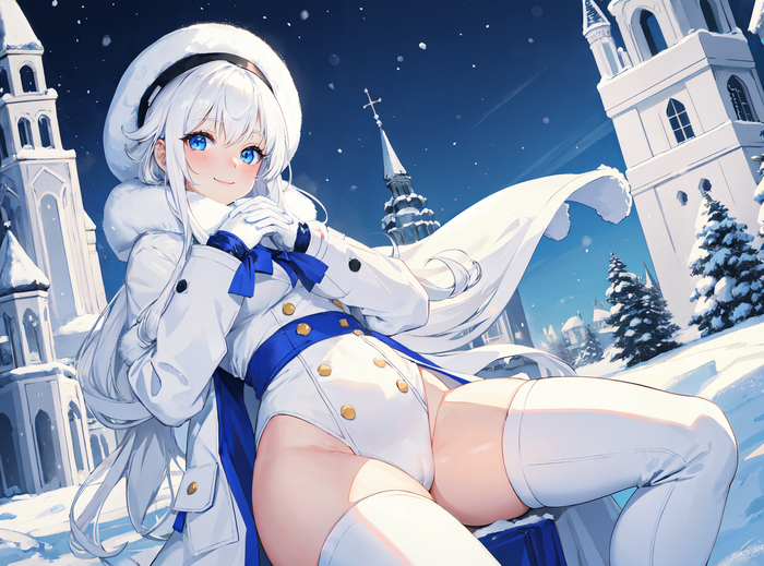 I keep wondering how these Snow Maidens' feet don't freeze?... - NSFW, My, Neural network art, Stable diffusion, Girls, Anime art, Portrait, Boots, Snow Maiden, Cameltoe, Neckline, Hand-drawn erotica, Winter, Night, Blue eyes, White hair