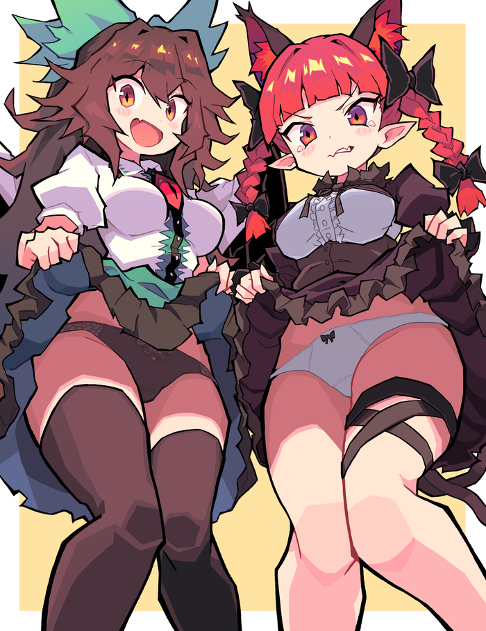 Where are you looking, huh?!?! - NSFW, Erotic, Touhou, Kaenbyou rin, Reiuji Utsuho, Art, Anime, Anime art, Pantsu, Stockings, Hand-drawn erotica, Cocokana