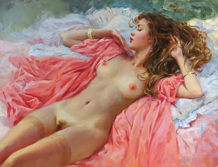 Immersed in a dream - NSFW, Girls, Erotic, Art, Drawing, Traditional art, Original character, Hand-drawn erotica, Without underwear, Stockings, Boobs, Pubis, Pubes, Tan line, Bed, Konstantin Razumov