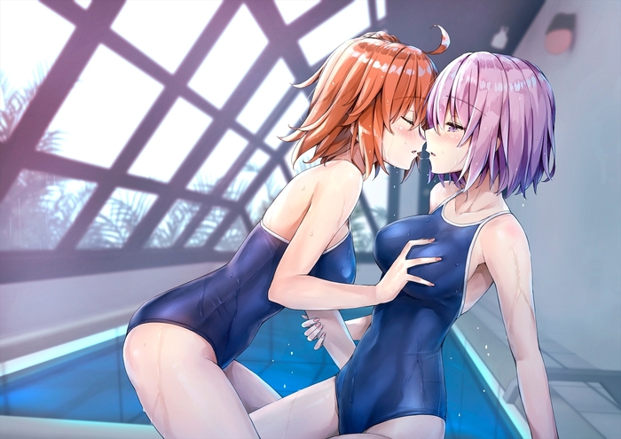 Girlfriends - NSFW, Erotic, Longpost, Art, Anime, Anime art, Hand-drawn erotica, Fate grand order, Fate, Mashu Kyrielight, Swimsuit, Yuri