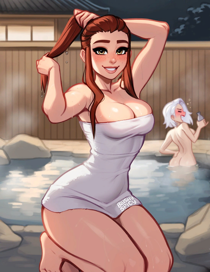 At the hot springs - NSFW, Anime art, Anime, Games, BlushyPixy, Overwatch, Brigitte, Ashe