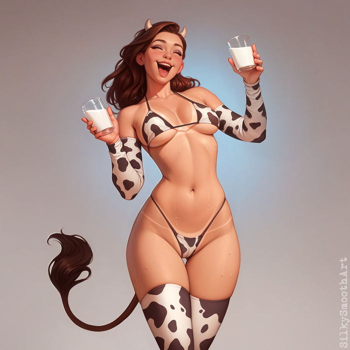 Who is milk? - NSFW, My, Erotic, Art, Neural network art, Stable diffusion, Нейронные сети, Stockings, Milk, Succubus, Cameltoe, Tail, Cow, Underwear