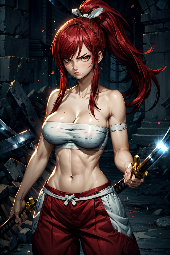 Erza Scarlet - NSFW, My, Neural network art, Stable diffusion, Girls, Нейронные сети, Erotic, Fairy Tail, Anime, Colorful hair