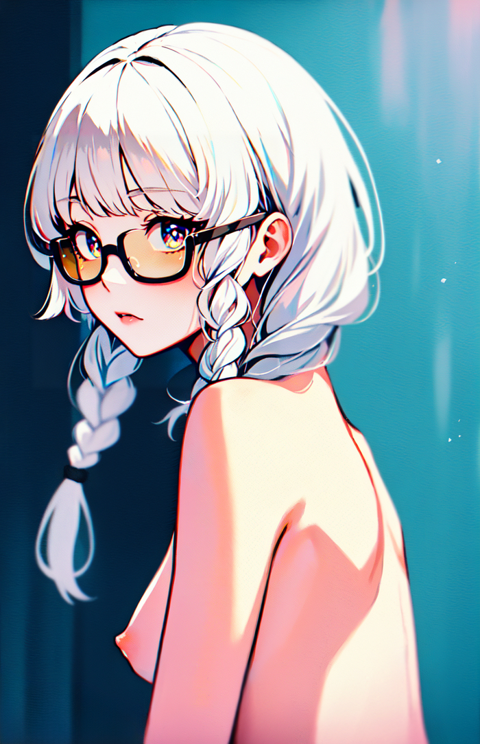 Mysterious girl with gray hair - NSFW, My, Erotic, Original character, Anime, Anime art, Hand-drawn erotica, Topless, Girl in glasses, Neural network art, Stable diffusion, Glasses, White hair, Pigtails, Naked, Нейронные сети, Nipples, Blue Eyes, Longpost