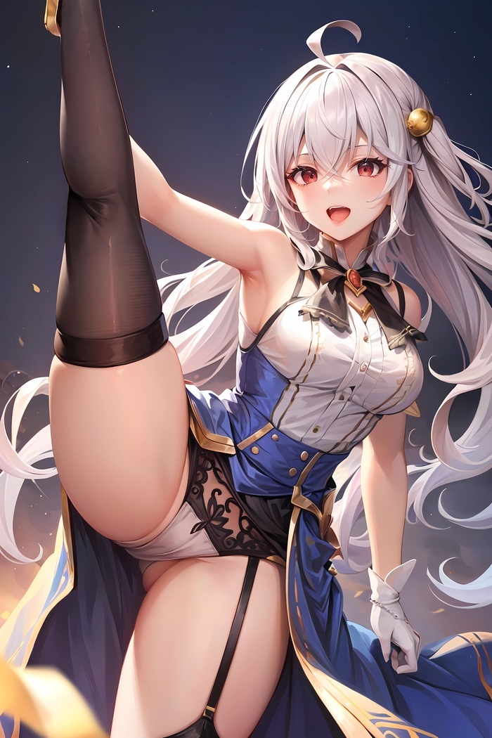 Hoba - NSFW, Anime art, Anime, Tensai Ouji no Akaji Kokka Saisei Jutsu, Ninym Ralei, Neural network art, Stockings, Garters, Leg-split, Pantsu