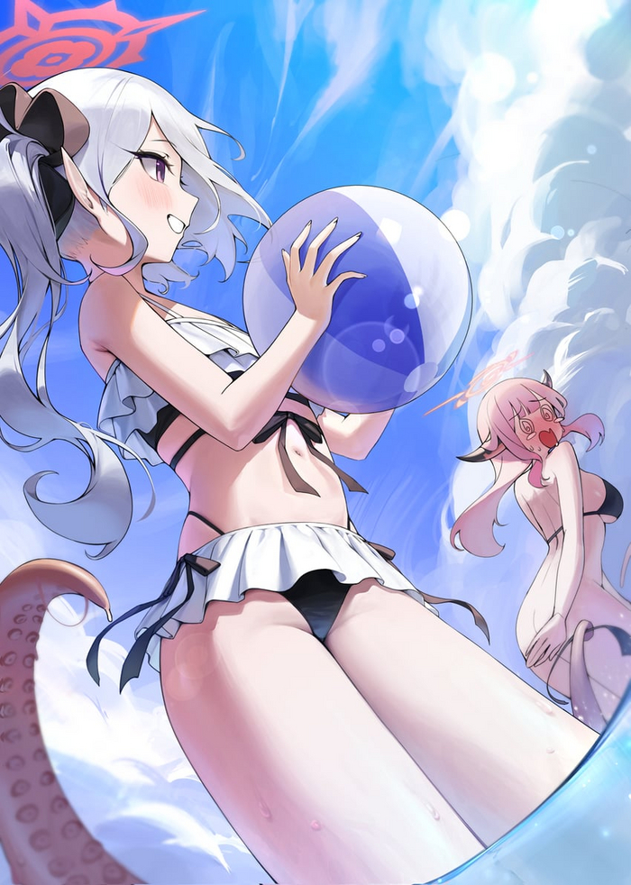 Continuation of the post Shcha buit hentai with tentacles - NSFW, Anime, Anime art, Blue archive, Rikuhachima Aru, Asagi Mutsuki, Swimsuit, Girl with Horns, Tentacles, Reply to post