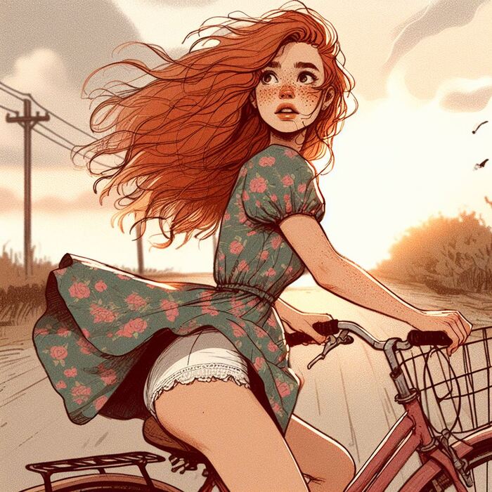 Evening bike rides - NSFW, My, Neural network art, Нейронные сети, Art, Girls, Anime art, Original character, Redheads, Freckles, The dress, Pantsu, A bike, Summer, Evening, Longpost