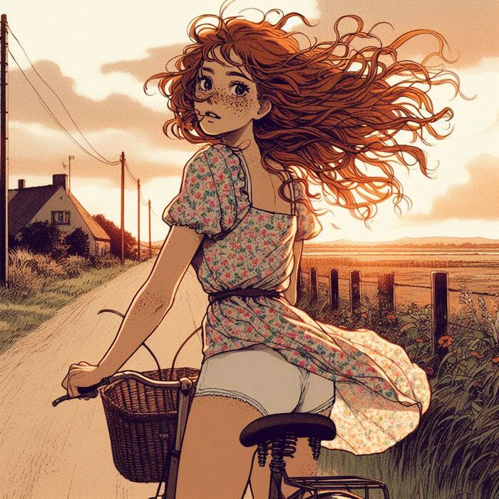 Evening bike rides - NSFW, My, Neural network art, Нейронные сети, Art, Girls, Anime art, Original character, Redheads, Freckles, The dress, Pantsu, A bike, Summer, Evening, Longpost